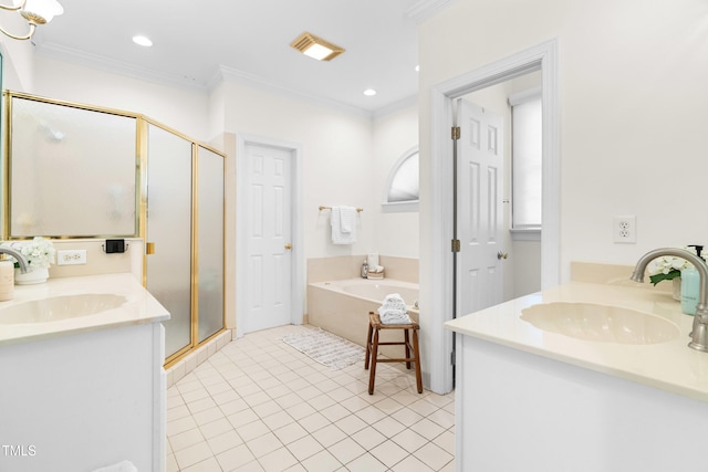 619 Baybush Dr, Raleigh, NC 27615 - bathroom with two vanities, ornamental molding, a shower stall, a bath, and tile patterned floors