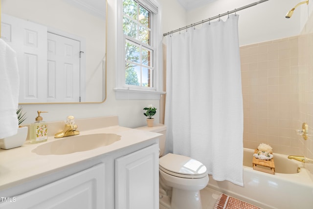 619 Baybush Dr, Raleigh, NC 27615 - bathroom with vanity, shower / bathtub combination with curtain, crown molding, and tile patterned floors
