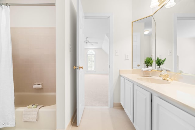 619 Baybush Dr, Raleigh, NC 27615 - bathroom featuring vanity, shower / tub combo, tile patterned floors, and ceiling fan