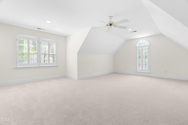 619 Baybush Dr, Raleigh, NC 27615 - bonus room featuring light colored carpet, ceiling fan, vaulted ceiling, and recessed lighting