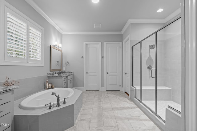 2121 Vecchio Ln, Apex, NC 27502 - full bath with vanity, a shower stall, a bath, crown molding, and recessed lighting