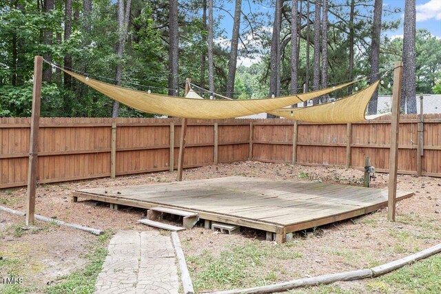 4709 Tyne Dr, Durham, NC 27703 - wooden terrace featuring a fenced backyard and view of wooded area