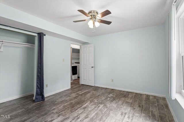 4709 Tyne Dr, Durham, NC 27703 - unfurnished bedroom featuring washer / clothes dryer, wood finished floors, a closet, and ceiling fan