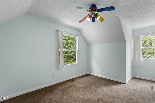 4709 Tyne Dr, Durham, NC 27703 - additional living space featuring a ceiling fan, vaulted ceiling, a textured ceiling, plenty of natural light, and carpet floors