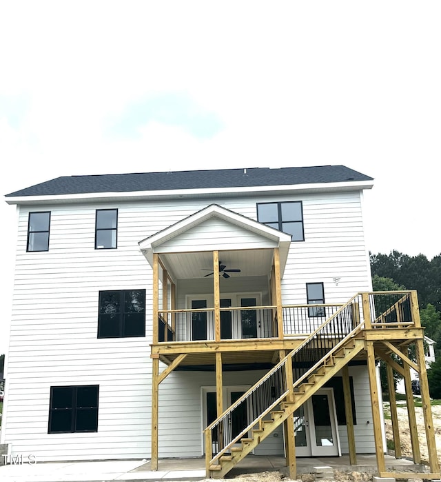 2651 Bowden Dr, Creedmoor, NC 27522 - back of house featuring a ceiling fan, stairs, a wooden deck, and a patio