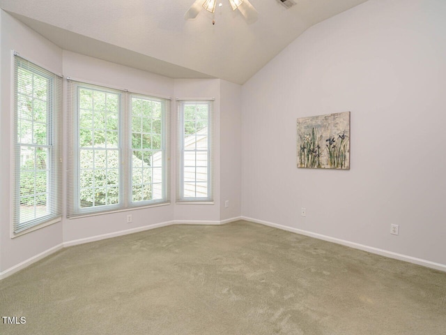 101 Lake Tillery Dr, Cary, NC 27519 - empty room featuring carpet floors, a ceiling fan, lofted ceiling, and healthy amount of natural light