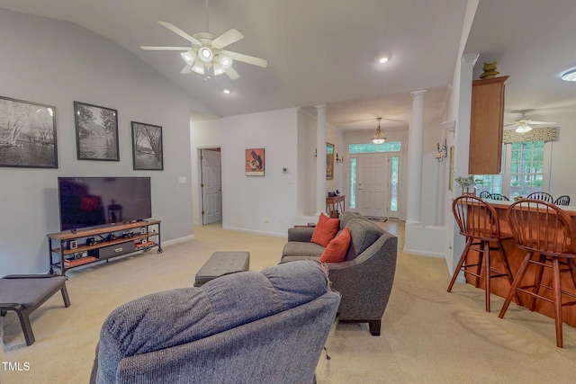 734 Crystal Forest Dr, Semora, NC 27343 - living room with decorative columns, ceiling fan, light carpet, and lofted ceiling