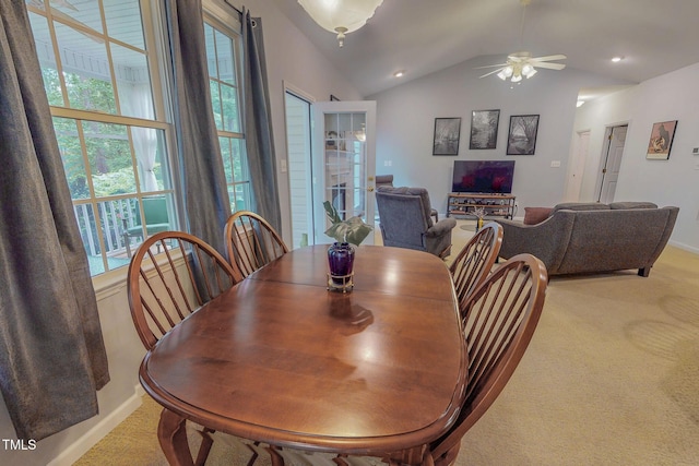 734 Crystal Forest Dr, Semora, NC 27343 - dining space with light carpet, plenty of natural light, vaulted ceiling, a ceiling fan, and recessed lighting