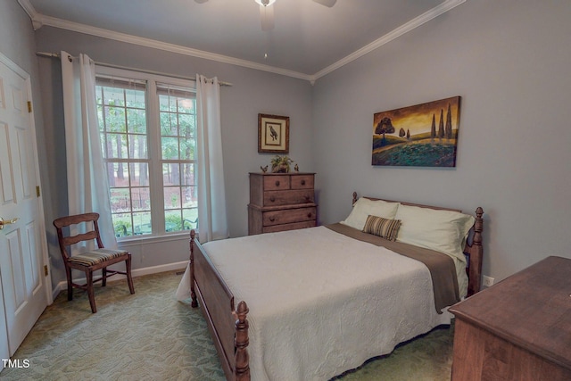 734 Crystal Forest Dr, Semora, NC 27343 - bedroom featuring light carpet, crown molding, and a ceiling fan