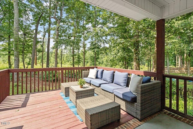 1990 Ferbow St, Creedmoor, NC 27522 - deck with an outdoor hangout area and view of wooded area