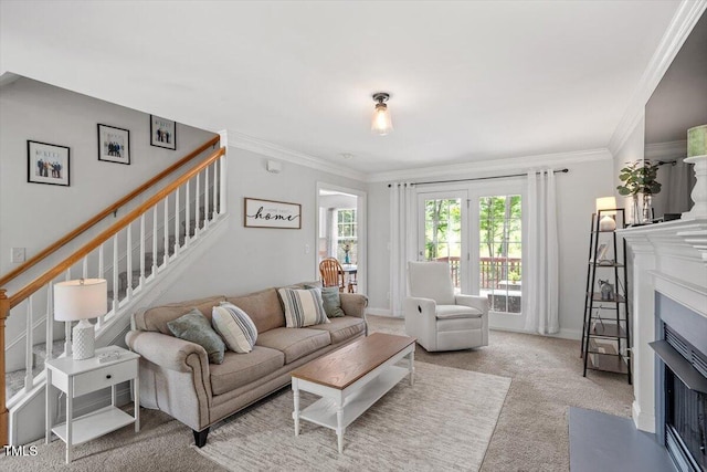 1990 Ferbow St, Creedmoor, NC 27522 - living area with stairway, a fireplace, carpet floors, and ornamental molding