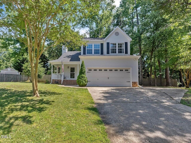 221 Antique Lace Way, Holly Springs, NC 27540 - traditional home with driveway, a garage, a porch, brick siding, and a chimney