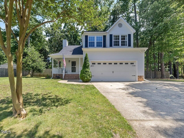 221 Antique Lace Way, Holly Springs, NC 27540 - view of front of house featuring brick siding, driveway, covered porch, a garage, and a chimney
