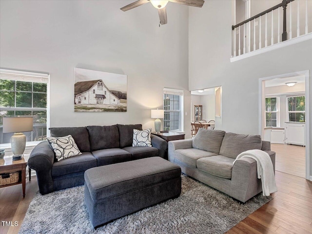 221 Antique Lace Way, Holly Springs, NC 27540 - living area with a towering ceiling, healthy amount of natural light, wood finished floors, and ceiling fan