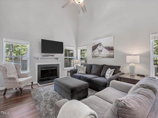 221 Antique Lace Way, Holly Springs, NC 27540 - living area with wood finished floors, a high ceiling, a ceiling fan, and a fireplace with raised hearth