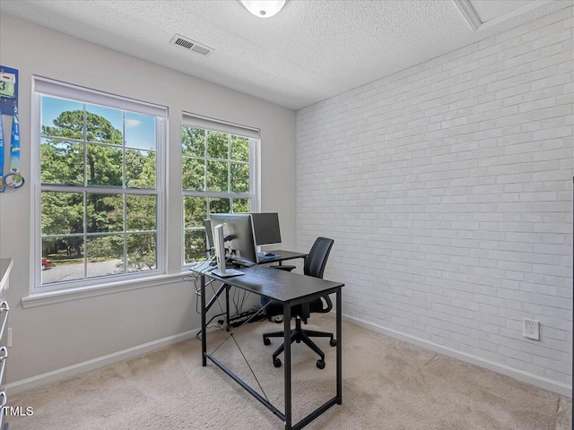 221 Antique Lace Way, Holly Springs, NC 27540 - carpeted home office featuring brick wall and a textured ceiling