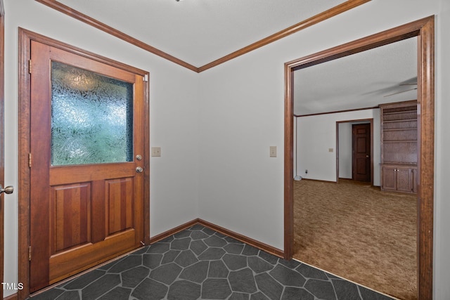 2382 Council Rd, Graham, NC 27253 - entrance foyer featuring dark colored carpet, crown molding, and dark tile patterned flooring