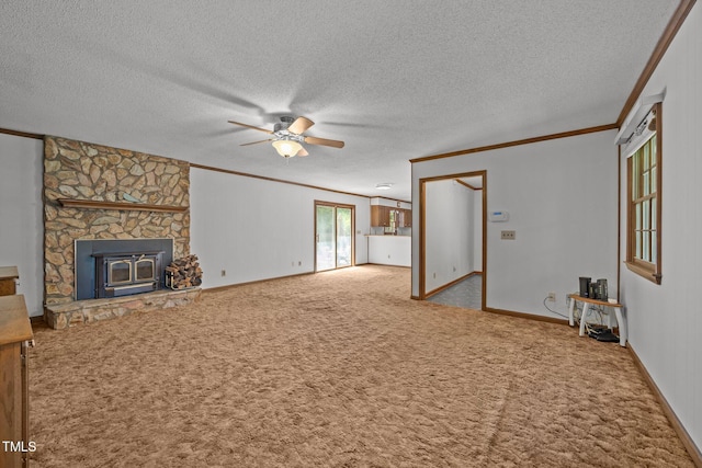 2382 Council Rd, Graham, NC 27253 - unfurnished living room with crown molding, a ceiling fan, carpet, and a textured ceiling
