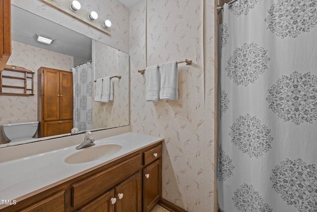2382 Council Rd, Graham, NC 27253 - bathroom with wallpapered walls, vanity, and a shower with shower curtain