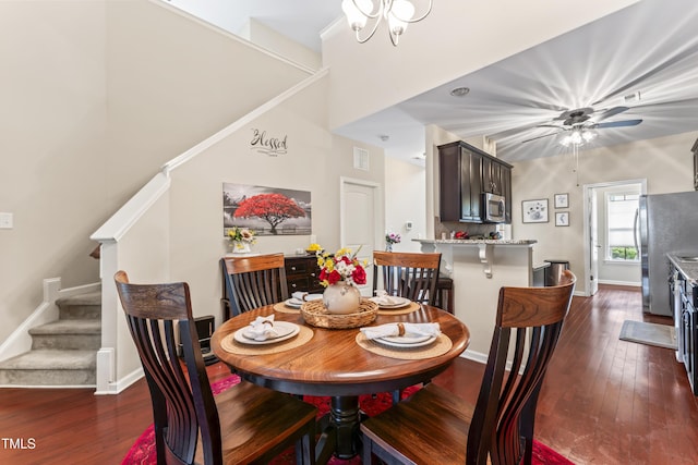 100 Beaconwood Ln, Holly Springs, NC 27540 - dining space featuring stairway, dark wood finished floors, and ceiling fan