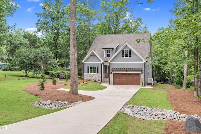 5504 Earle Rd, Raleigh, NC 27606 - craftsman inspired home with concrete driveway, stone siding, board and batten siding, and a front lawn