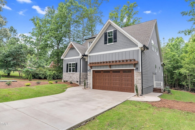 5504 Earle Rd, Raleigh, NC 27606 - craftsman-style home with driveway, a front yard, board and batten siding, stone siding, and roof with shingles