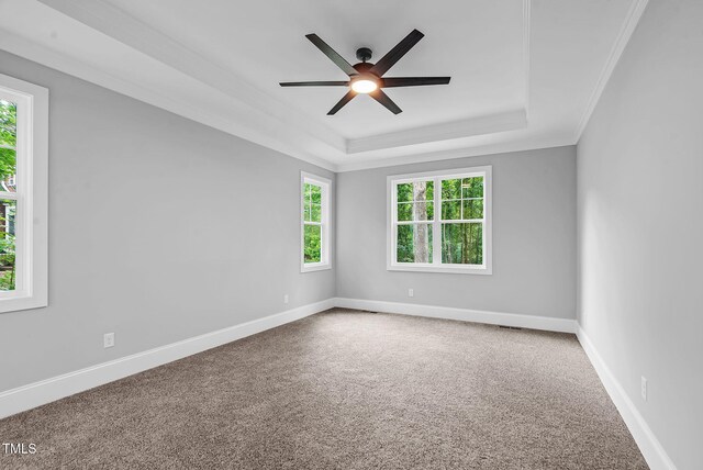 5504 Earle Rd, Raleigh, NC 27606 - carpeted spare room with a ceiling fan, a raised ceiling, and ornamental molding
