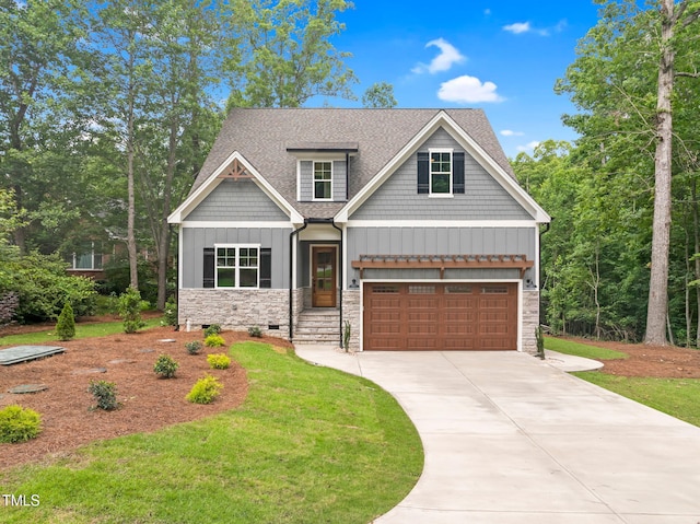 5504 Earle Rd, Raleigh, NC 27606 - craftsman inspired home with stone siding, board and batten siding, driveway, a shingled roof, and a garage