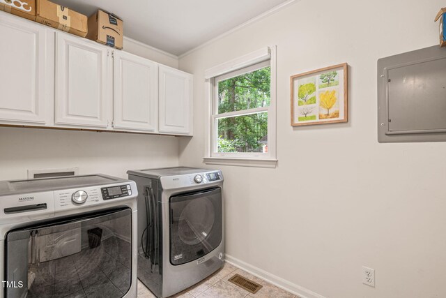 20 Timberlyne Rd, Chapel Hill, NC 27514 - washroom with cabinet space, washer and clothes dryer, electric panel, baseboards, and ornamental molding