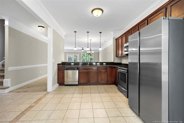 427 Georgetown Cir, Fayetteville, NC 28314 - kitchen featuring stainless steel appliances, a sink, dark countertops, crown molding, and light tile patterned floors