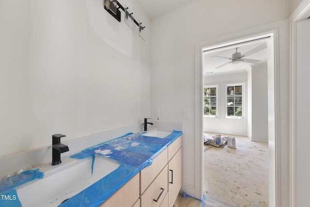 1225 Dixie Trl, Raleigh, NC 27607 - full bathroom with double vanity and ceiling fan