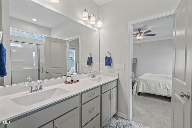 509 Rain Drizzle Ct, Wake Forest, NC 27587 - ensuite bathroom with double vanity, a ceiling fan, and a shower with shower door