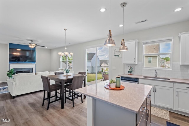 509 Rain Drizzle Ct, Wake Forest, NC 27587 - kitchen with a ceiling fan, a center island, healthy amount of natural light, light wood finished floors, and recessed lighting
