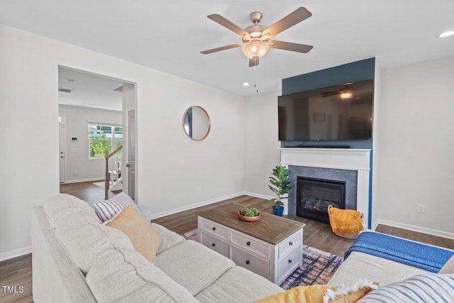 509 Rain Drizzle Ct, Wake Forest, NC 27587 - living area with ceiling fan, a tile fireplace, wood finished floors, and recessed lighting