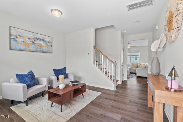 509 Rain Drizzle Ct, Wake Forest, NC 27587 - sitting room featuring stairway, wood finished floors, and a ceiling fan