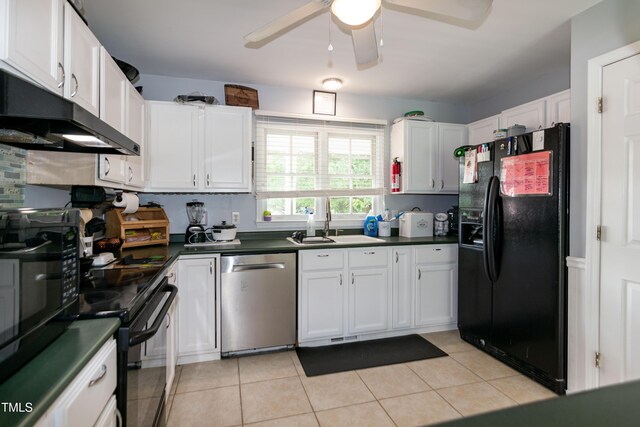 1008 Catsby Cir, Raleigh, NC 27603 - kitchen with black appliances, under cabinet range hood, dark countertops, ceiling fan, and white cabinets