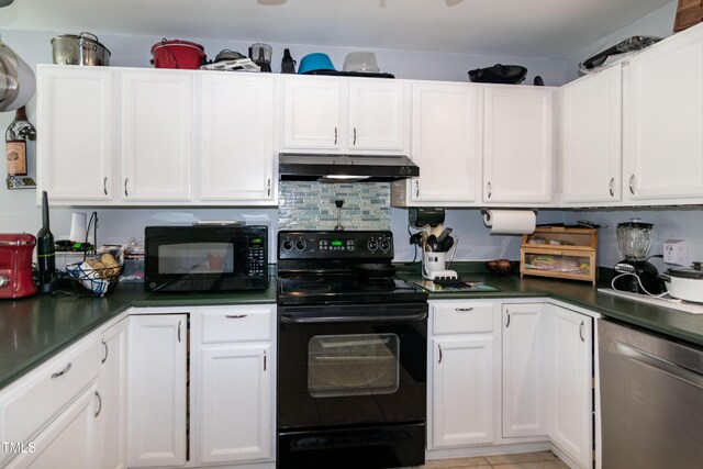 1008 Catsby Cir, Raleigh, NC 27603 - kitchen with black appliances, under cabinet range hood, dark countertops, and white cabinetry