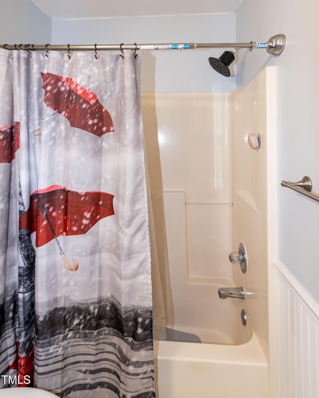 1008 Catsby Cir, Raleigh, NC 27603 - full bathroom with shower / tub combo with curtain and a wainscoted wall