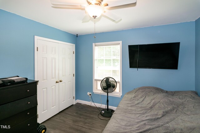 1008 Catsby Cir, Raleigh, NC 27603 - bedroom featuring dark wood finished floors, ceiling fan, and a closet