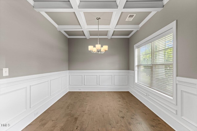 509 Holden Forest Dr, Youngsville, NC 27596 - unfurnished dining area featuring a chandelier, beamed ceiling, coffered ceiling, dark wood-style flooring, and a wainscoted wall