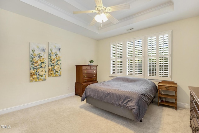 2311 Woodwyck Way, Raleigh, NC 27604 - bedroom featuring a raised ceiling, light carpet, ornamental molding, and a ceiling fan