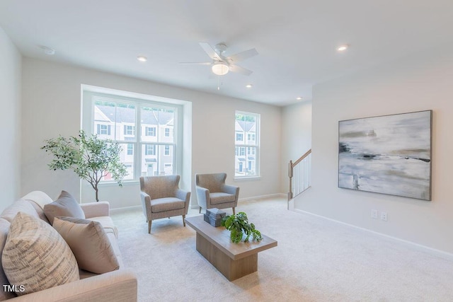 1359 Chowan Ave, Durham, NC 27713 - carpeted living area featuring a ceiling fan and recessed lighting