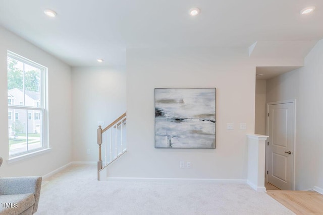 1359 Chowan Ave, Durham, NC 27713 - hall featuring carpet floors, stairway, and recessed lighting