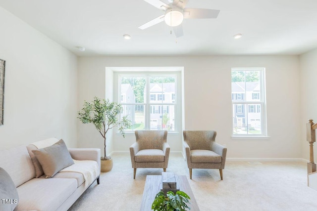 1359 Chowan Ave, Durham, NC 27713 - carpeted living room featuring healthy amount of natural light, ceiling fan, and recessed lighting
