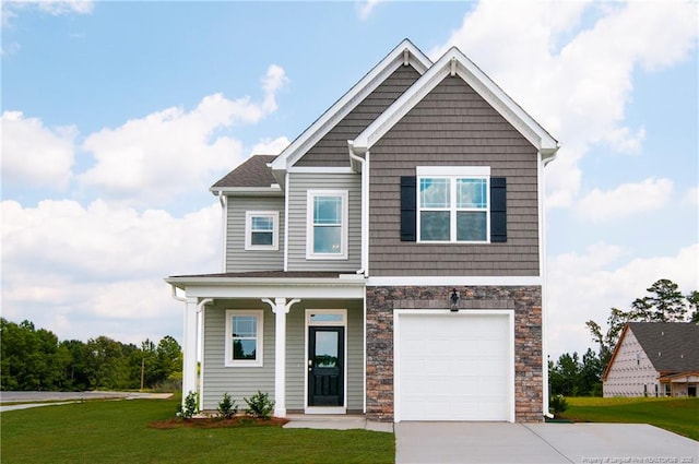 694 Union St, Home, Raeford, NC 28376 - view of front facade featuring driveway, a front lawn, a porch, a garage, and stone siding