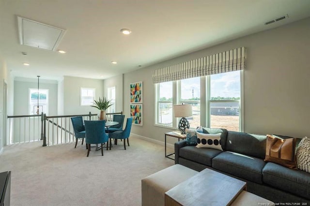 694 Union St, Home, Raeford, NC 28376 - living room with attic access, light carpet, recessed lighting, and baseboards