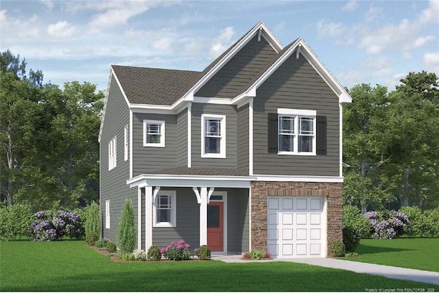 694 Union St, Home, Raeford, NC 28376 - craftsman-style home with stone siding, a front yard, a garage, and covered porch