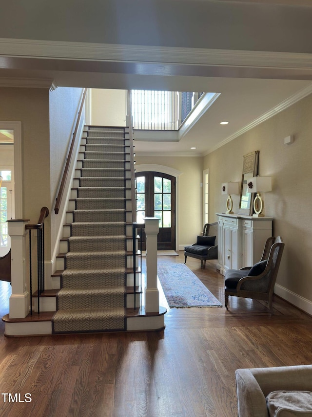 1512 Obrien Cir, Wake Forest, NC 27587 - stairway with wood finished floors, ornamental molding, and recessed lighting