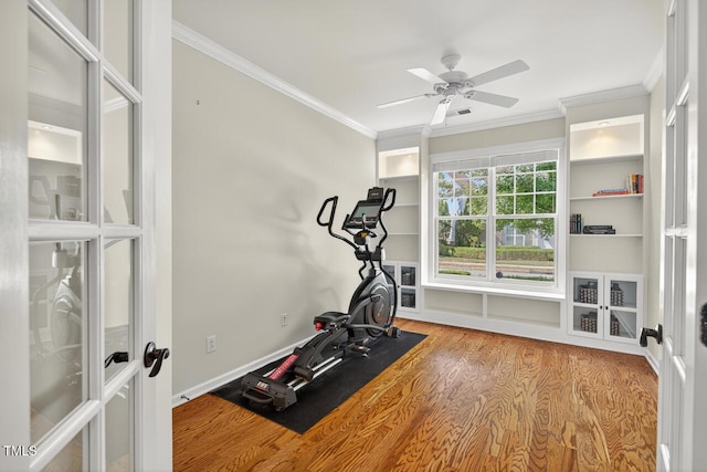 117 Sonoma Way, Chapel Hill, NC 27516 - workout room featuring ornamental molding, wood finished floors, ceiling fan, and french doors
