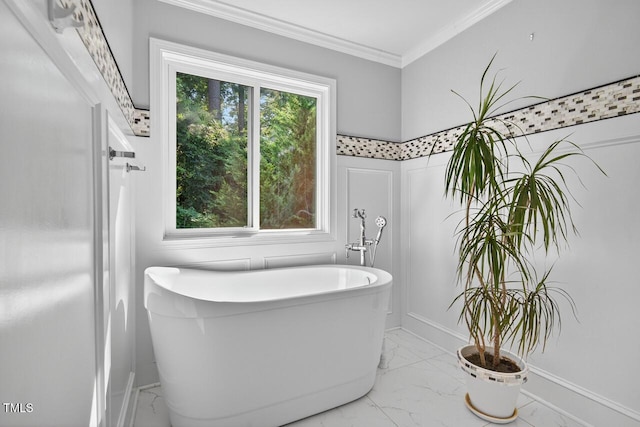 117 Sonoma Way, Chapel Hill, NC 27516 - bathroom featuring marble finish floors, a soaking tub, and crown molding